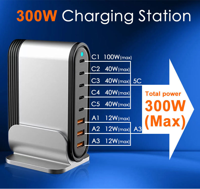 Oem Plug 300W GaN III USB C Charger Block 8 Port LED USB C Charging Station Hub Block Wall Charger Power Strip