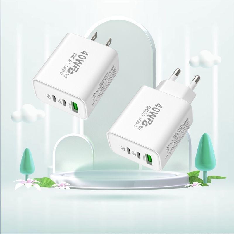 40W 3 Port Fast Charging USB C Wall Charger Dual USBC Power Adapter QC Wall Plug Multiport Brick Type C Block